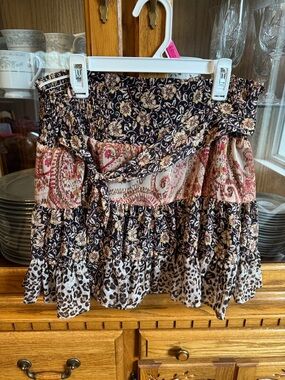 Zara Mixed-Print Tiered Mini Skirt in Black, Cream and Brown